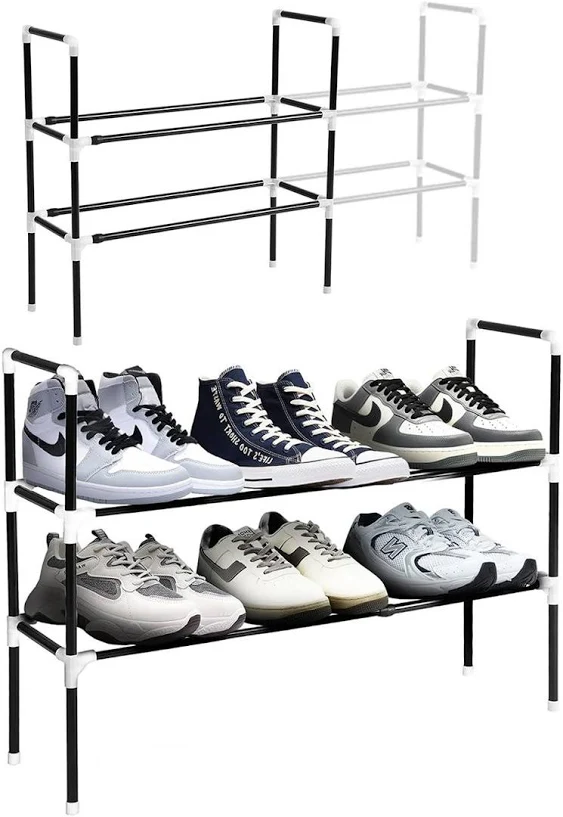 Shoe Rack, Adjustable Shelf Shoe Organizer, Expandable Shoe Rack for Closet, Entryway Shoe Storage, Free Standing Stackable Sturdy Metal Structure - 2 Tier