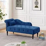 Tufted Upholstered Velvet Rolled Arm Chaise Lounges Indoor Chair, Right Arm Facing Chaise Lounge with Nailhead Trim and 1 Pillow,for Living Room Bedroom Office (Blue)