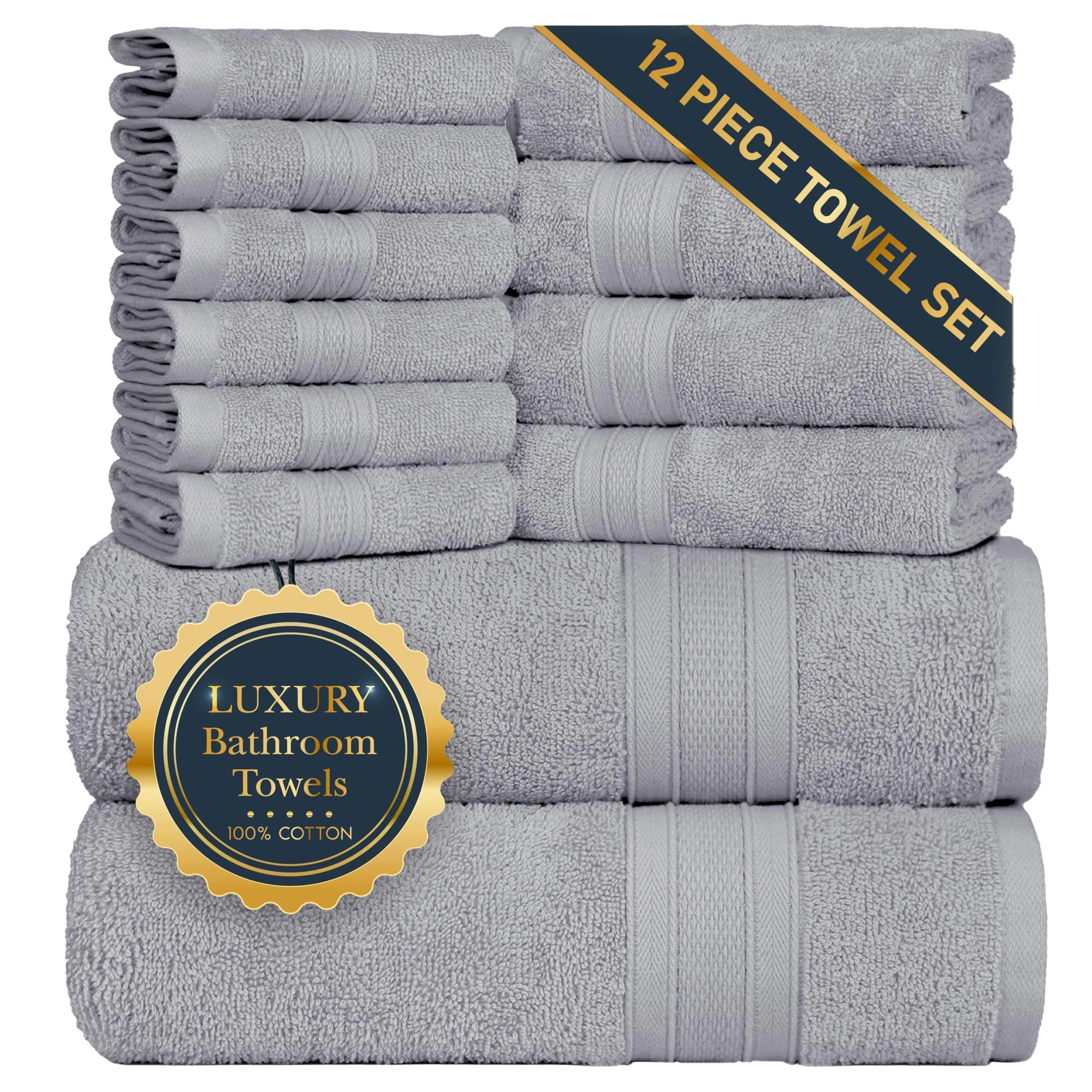 Trident 12 Piece Bath Towels Set for Bathroom - 2 Bath Towel, 4 Hand Towel, 6 Washcloth 100% Cotton Soft and Plush Highly Absorb