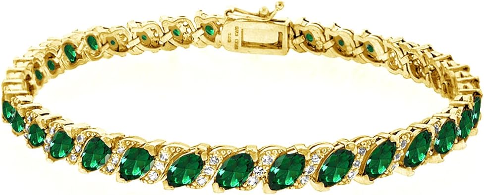 Sterling Silver Created Emerald Marquise-Cut 6X3mm Tennis Bracelet With White Topaz Accents