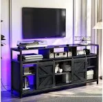 Mid Century Modern Black TV Stand with Sliding Barn Doors, Charging Station, LED Lights, and Storage Shelves for up to 70 inch TVs