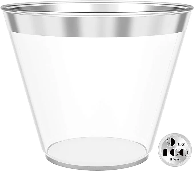 JL Prime 100 Silver Plastic Cups, 9 Oz Heavy Duty Reusable Disposable Silver 