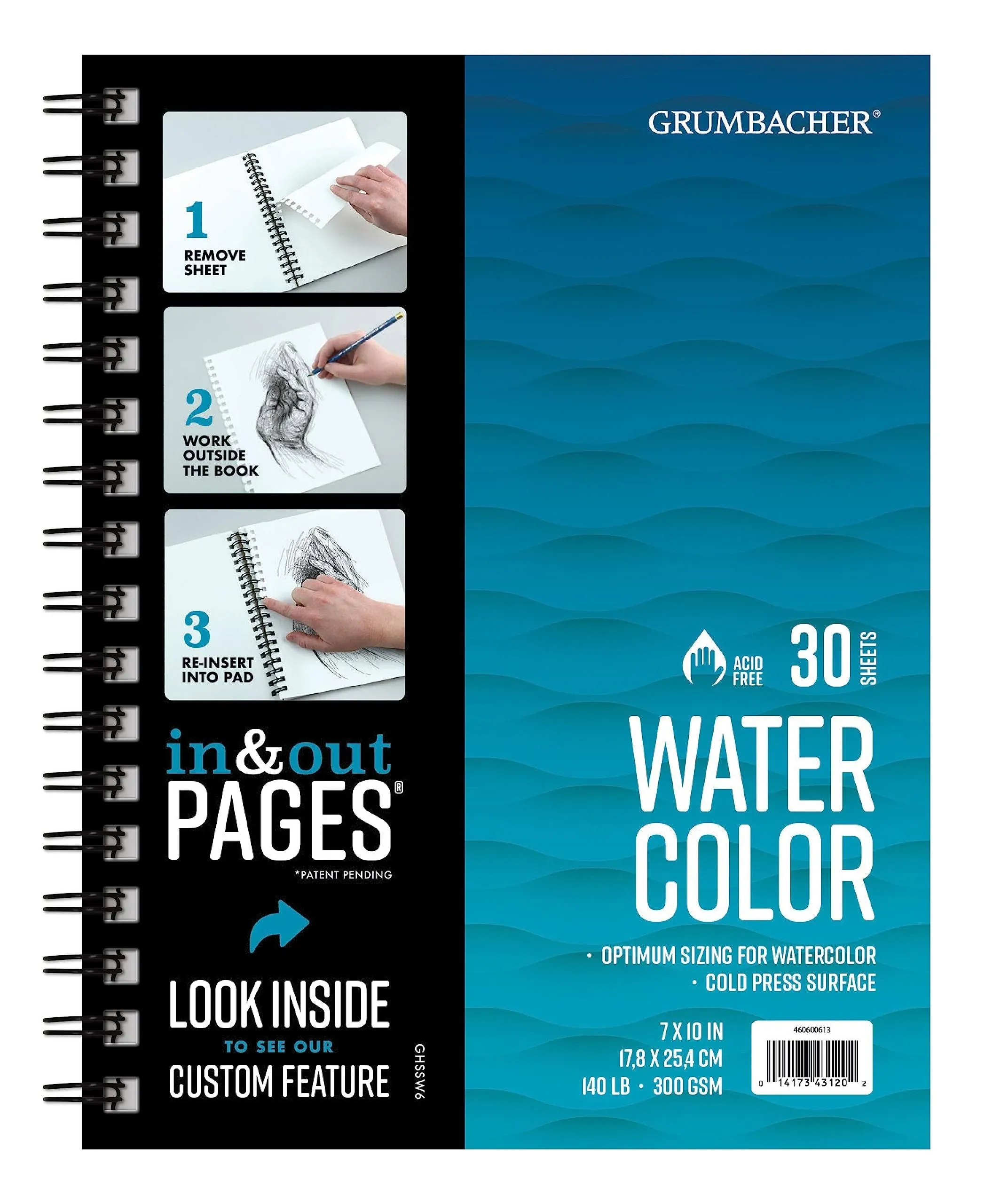 Grumbacher 7" x 10" Watercolor Paper Pad with in & Out Pages, 140 lb./300 GSM, Side Wired, 30 White Sheets (Pack of 1 Pad)