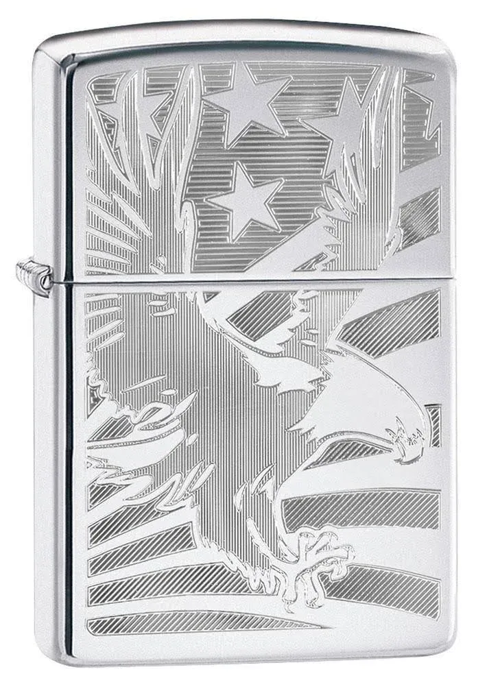 Zippo Lighter: Eagle and American Flag, Engraved - High Polish Chrome 80745