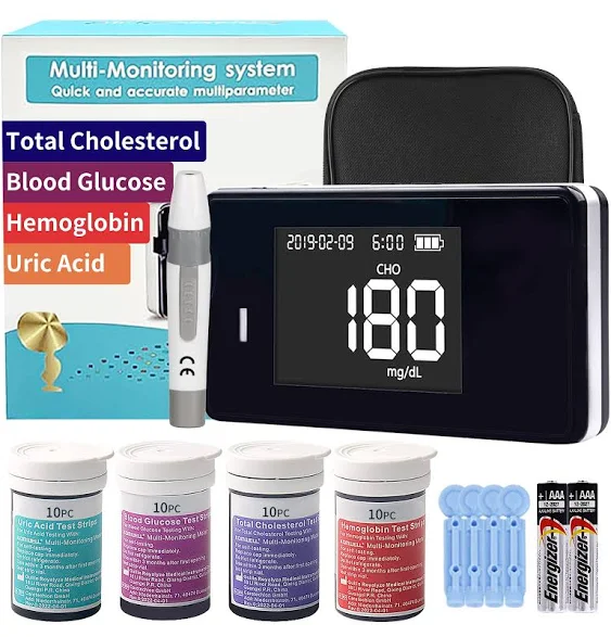 Accu-Answer 4 in 1 Hemoglobin Test Meter Kit, Hemoglobin Tester, Cholesterol Test Kit, Uric Acid Test Kit, 40 Test Strips Total Included. No Code Card Need, Accurate and Fast