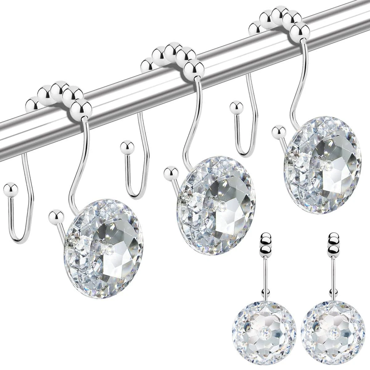 Shower Curtain Hooks Rings for Bathroom, 12PCS Double Hooks Glide Anti Rust Crystal Rhinestones Shower Curtain Rings Hangers for Shower Curtains, Clothing, Towels, etc. (Clear)