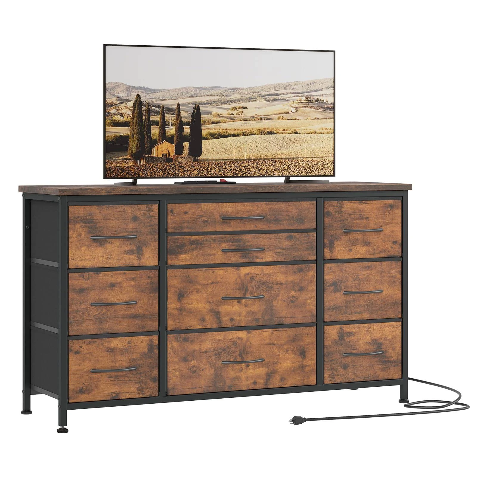 Jojoka Wide Dresser with 10 Large Drawers for 55'' Long TV Stand with Power Outlet Entertainment Center, Storage Fabric Drawer Unit for Bedroom,