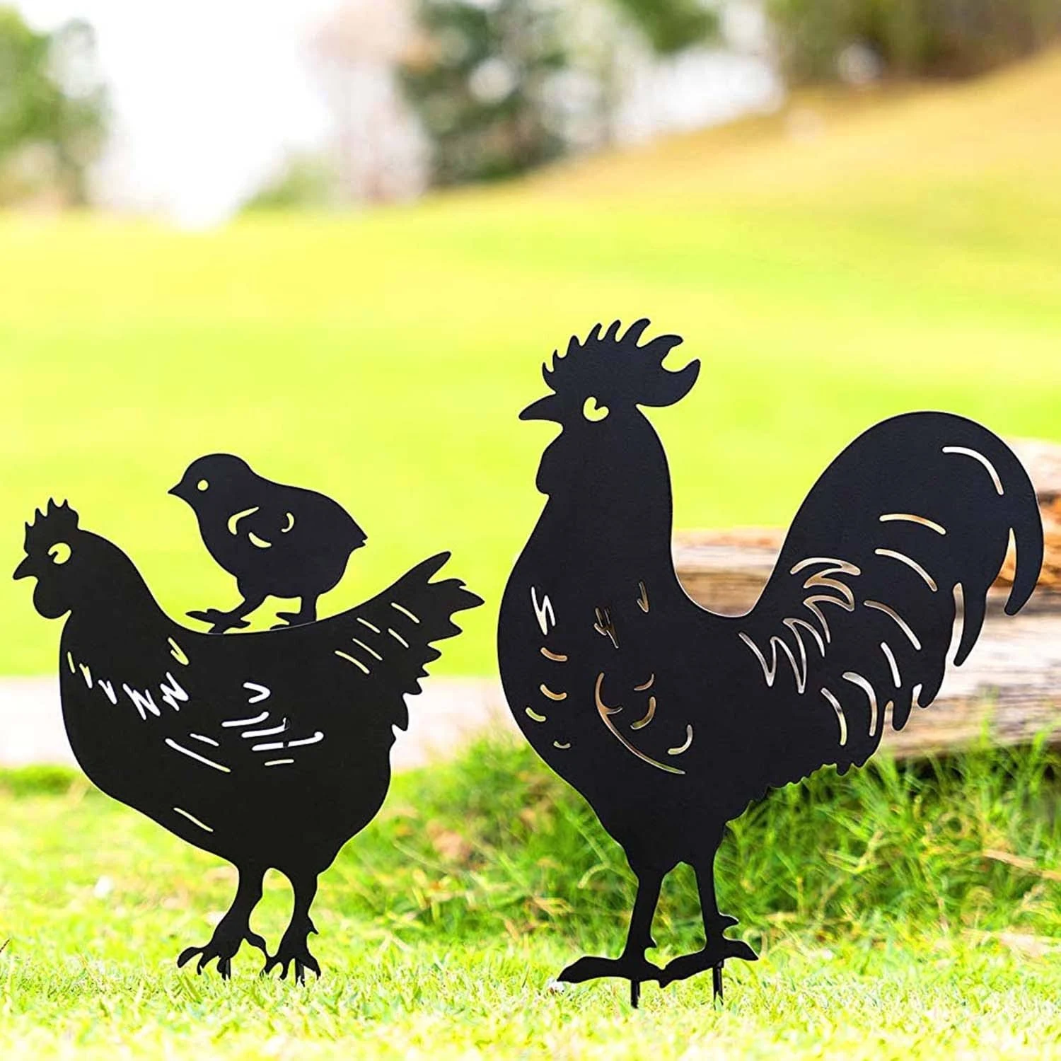 TT & MM Rooster Yard Decor Metal Decorative Garden Stakes - Chicken Yard Art Rooster and Hen with Chicks Statues Idea Garden Gifts for Outdoor, Patio, Outside - Set of 3 Lawn Decorations