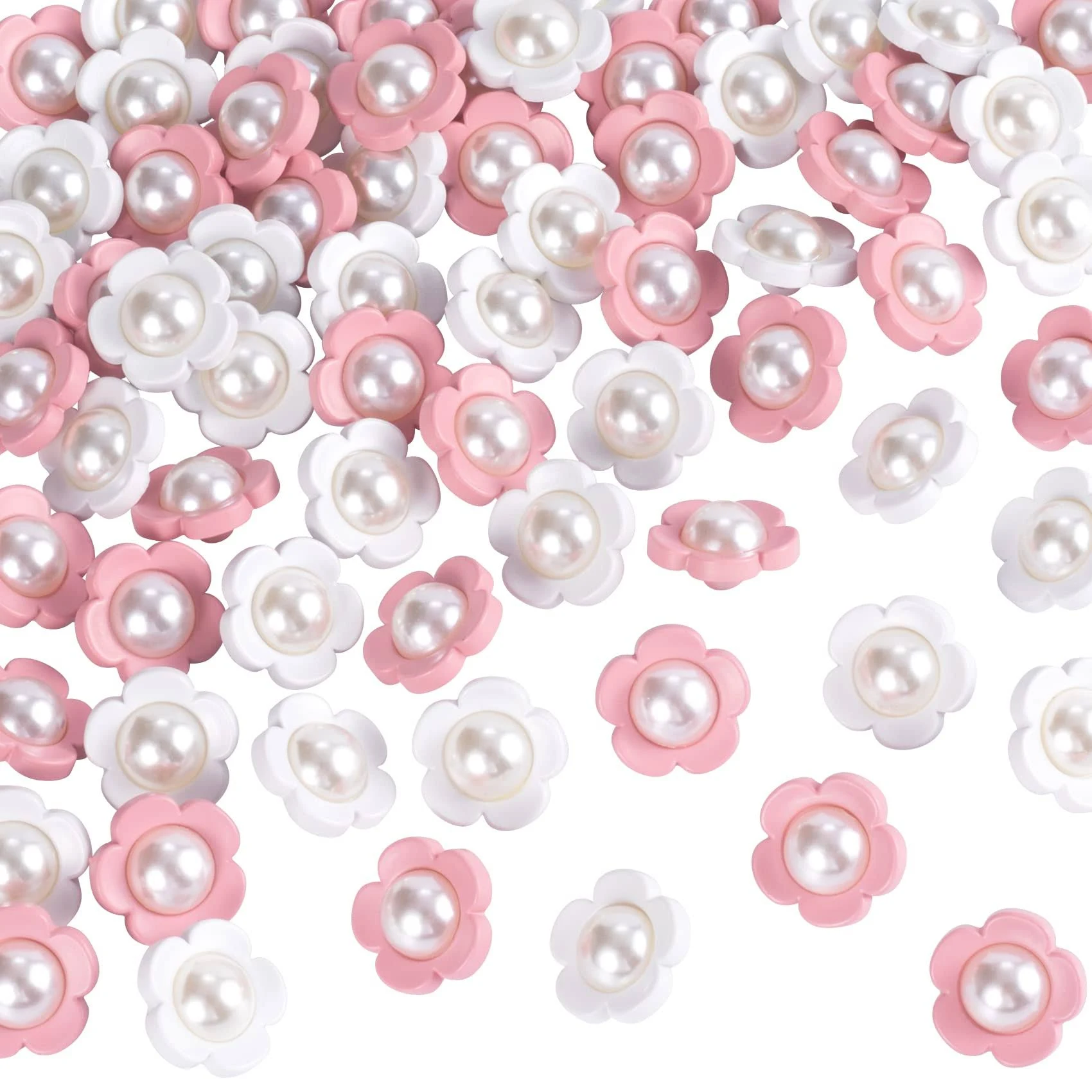 PAGOW 50pcs Cute Flower Shank Pearl Sewing Buttons 18mm, White,pink 