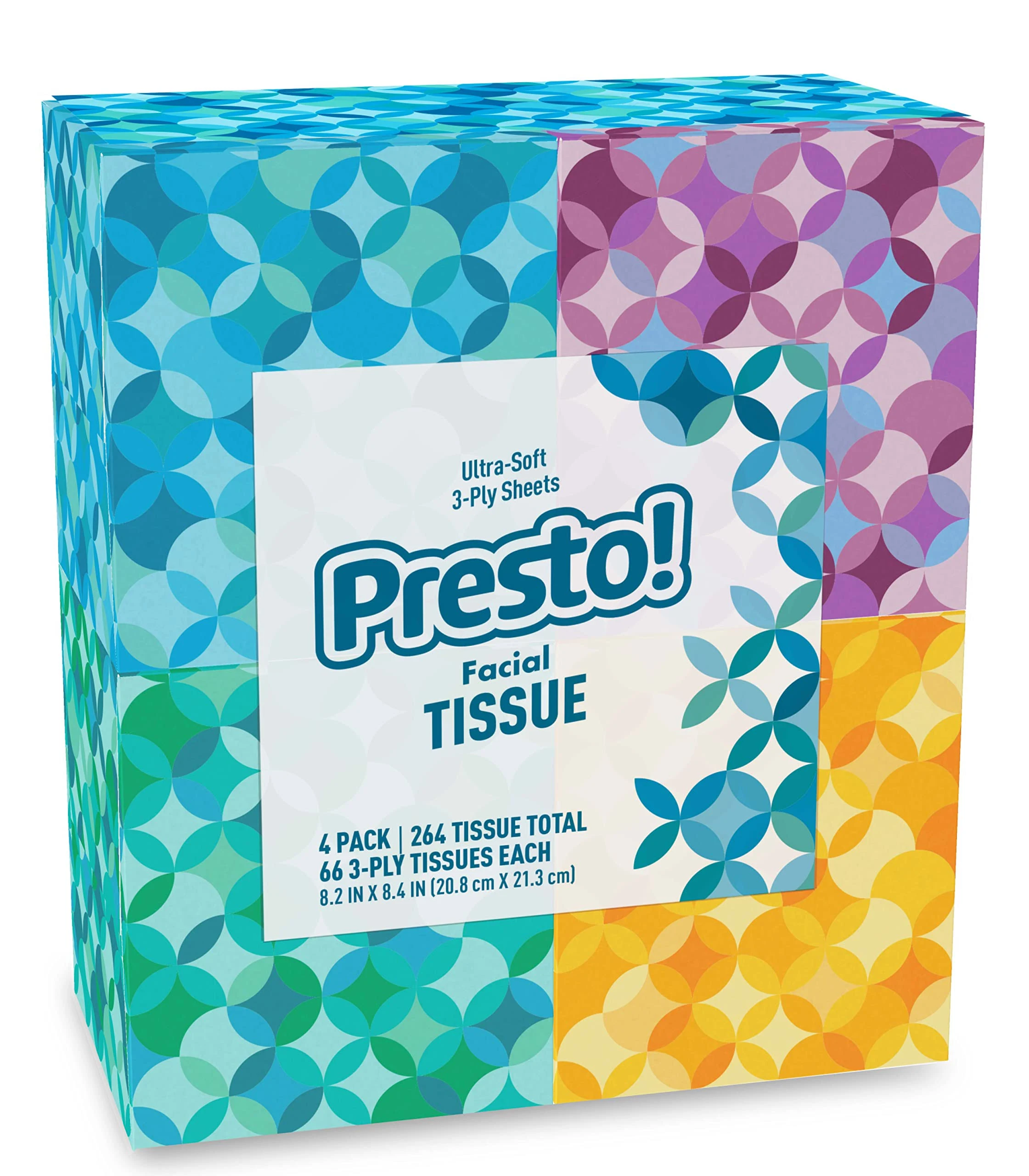 Brand - Presto! Ultra-Soft Facial Tissues (4 Cube Boxes) 3-Ply Premium Thick 66 Tissues per Box (264 Tissues Total)