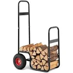 Goplus Firewood Log Cart, Outdoor Indoor Firewood Rack Storage Mover with Pneumatic Rubber Wheels, Heavy Duty Steel Wood Hauler, Firewood Carrier for Fireplace, Fire Pit, 220 LBS Capacity