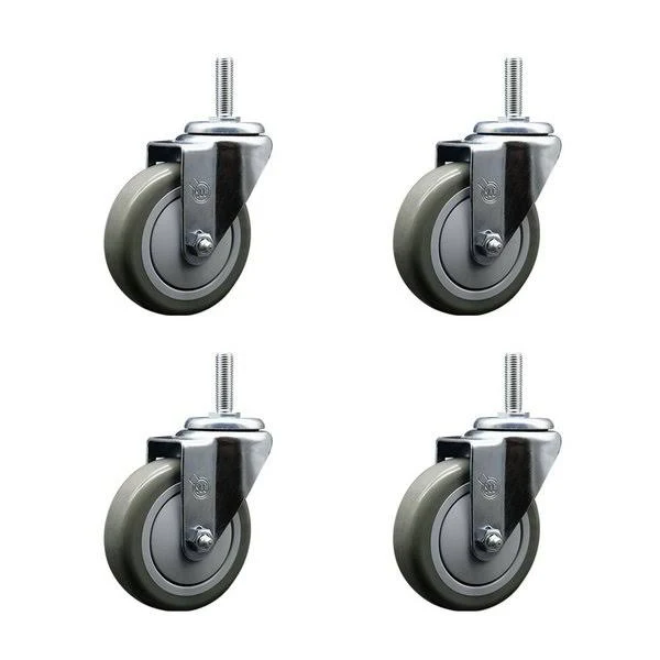 Polyurethane Swivel Threaded Stem Caster Set of 4 w/4" x 1.25" Gray Wheels and 1/2" Stems - Includes 4 Swivel - 1400 lbs Total Capacity - Service Caster Brand