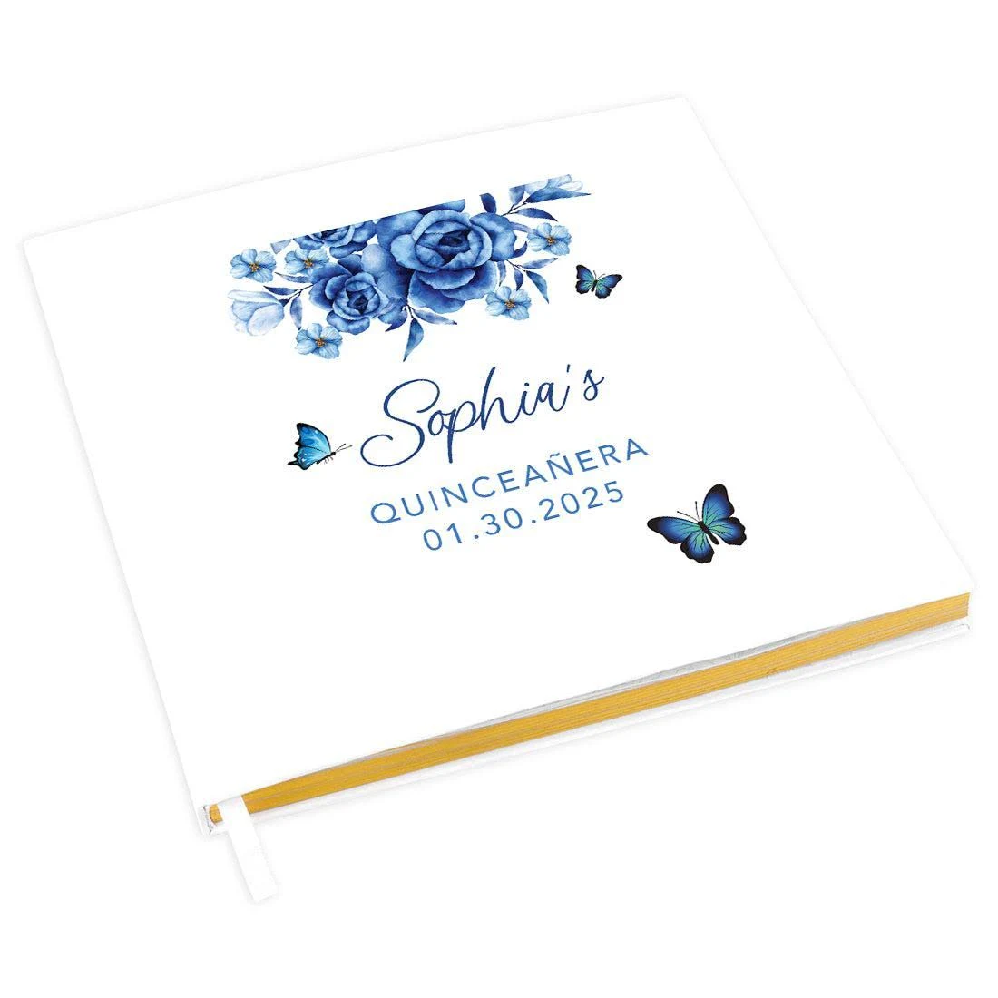 Andaz Press Personalized Quinceañera Guest Book with Gold Accents, Blue Butterflies & Florals, 120 Pages 8.5"x8.5" Hard Cover Photo Album for Mis Quince Años XV 15th Birthday Decorations, 1-Pack