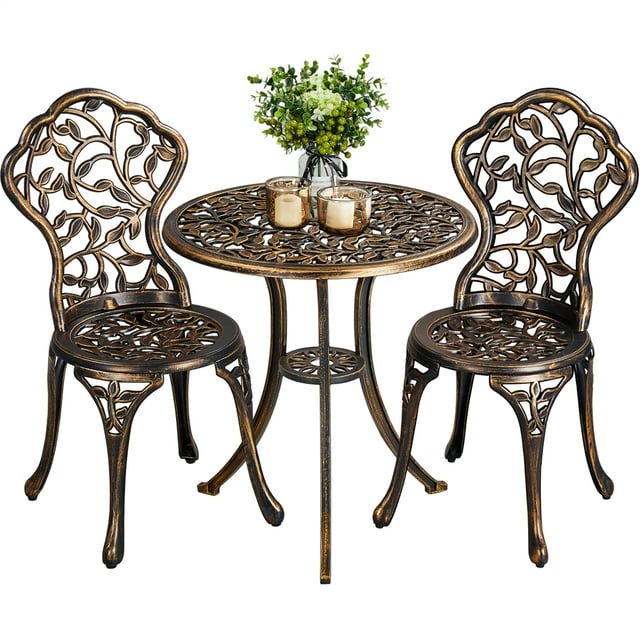 3-Piece Outdoor Bistro Set w/Rose Design, Rust-Resistant Cast Aluminum Table 