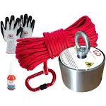 Brute Magnetics Boss 360 Degrees Magnetic Fishing Kit- Includes 65ft Heavy Duty Rope and Non-Magnetic Aluminum Carabiner, Threadlocker, and Cut Resistant Gloves