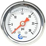 1-1/2" Fuel Pressure Gauge, Stainless Steel Case 304, Chrome Plated Brass Connection, Glycerin Filled, 0-30 Psi, Accuracy 3-2-3%, Back Mount 1/8" NPT