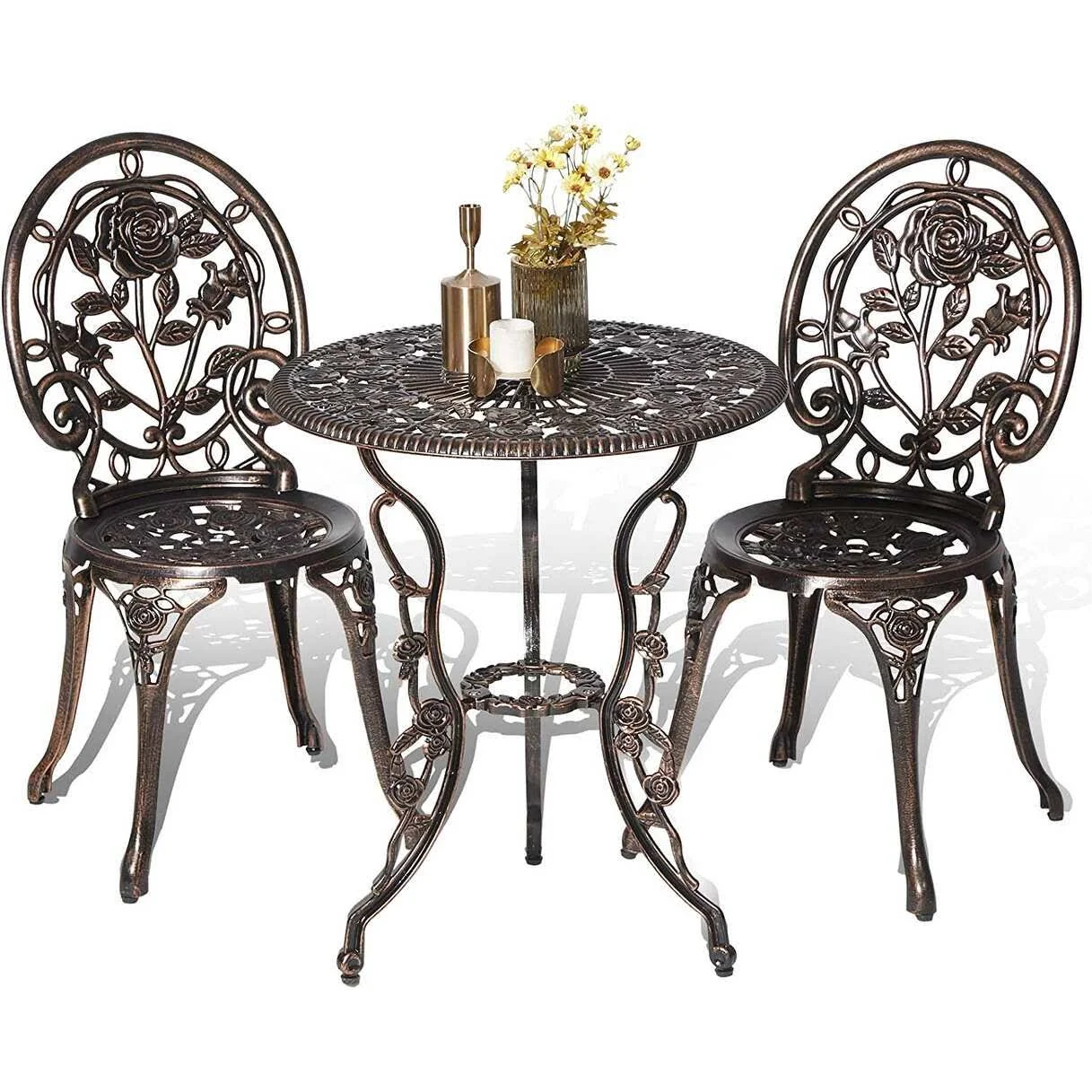 Topeakmart 3-Piece Cast Aluminum Patio Bistro Table Set Outdoor Furniture, Bronze, Size: Chair: 18x16x34’’ Table: 24×26’’