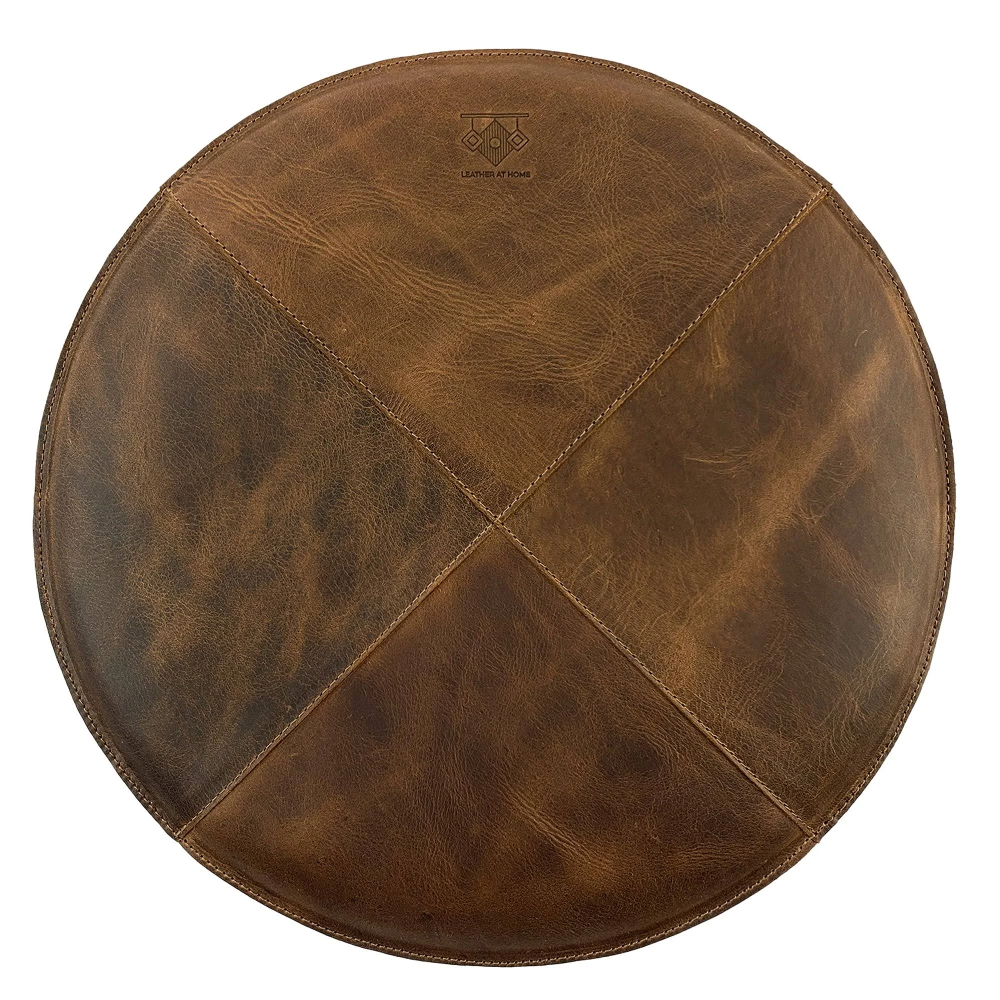 Decorative 13 Inch Rounded Pillow Handmade from Full Grain Leather - Chair Seat, Confortable Sitting for Round Wooden/Metal Stools - Bourbon Brown