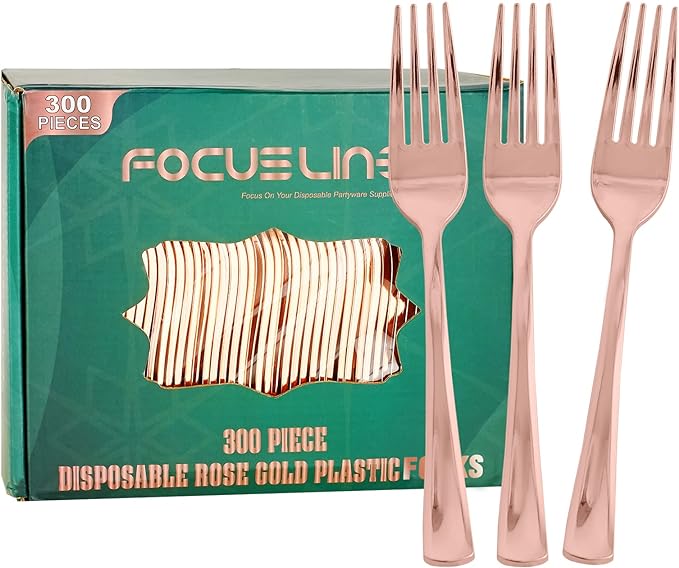 Focusline 300 Pack Disposable Rose Gold Plastic Forks, Solid and Durable Plastic ...