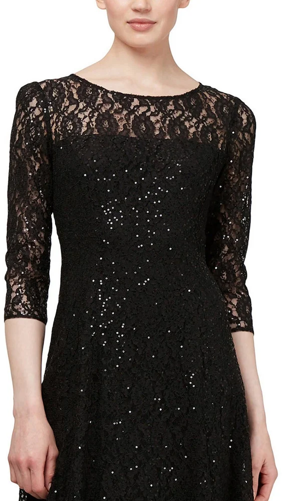 S.L. Fashions Women's Midi Length Sequin Lace Fit and Flare Dress (Missy Petite)