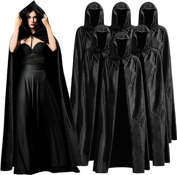 Toulite 6 Pieces Velvet Cloak Adult Hooded Cloak Velvet Cape Halloween Witch Costume for Men and Women Cosplay Costumes