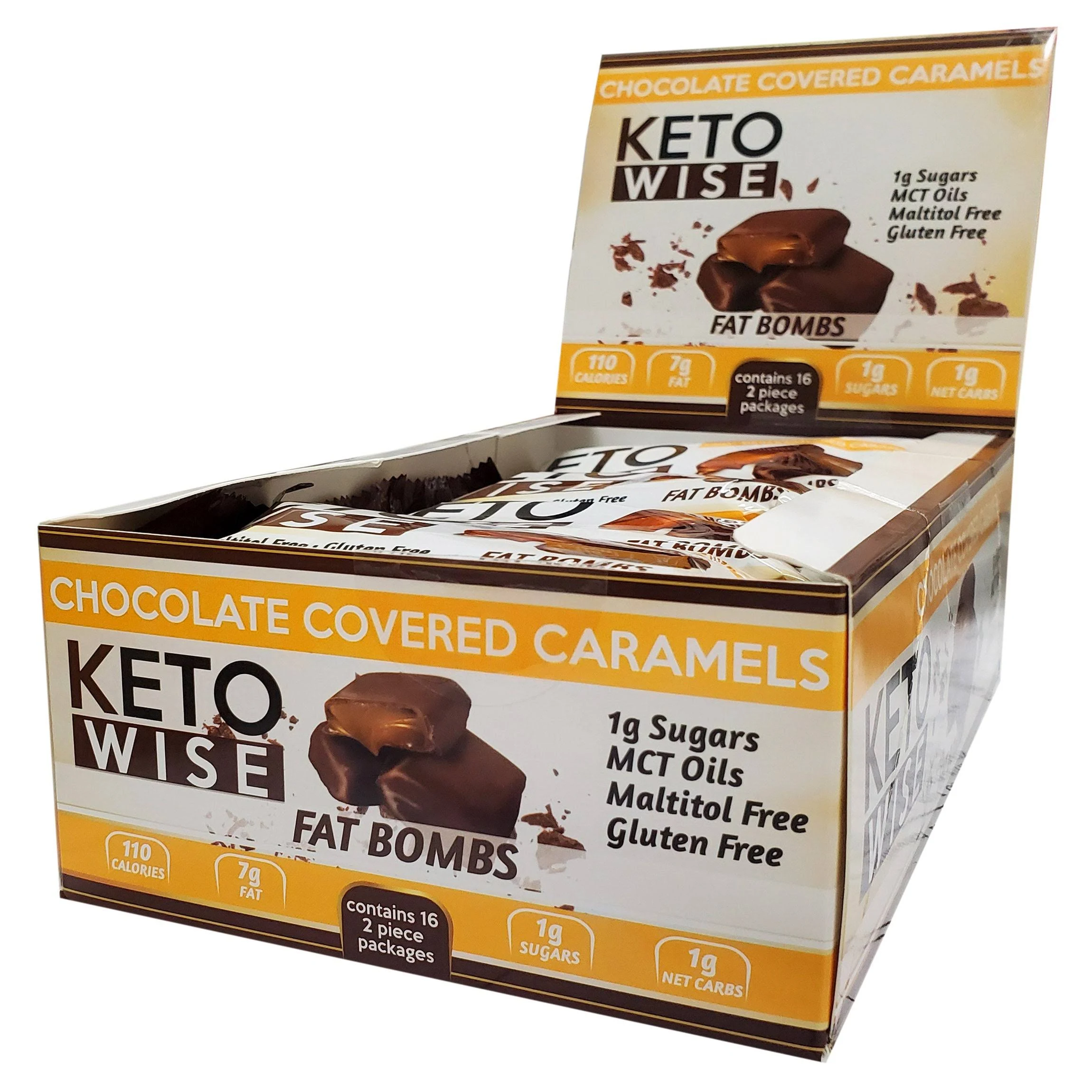 Keto Wise Fat Bombs - Made with Chocolate containing MCT Oil - Low Fat, Low Carb and Keto Friendly Snack - 8g Fat, 2g Net Carbs | Chocolate Covered Caramels, 2 Count (Pack of 16)