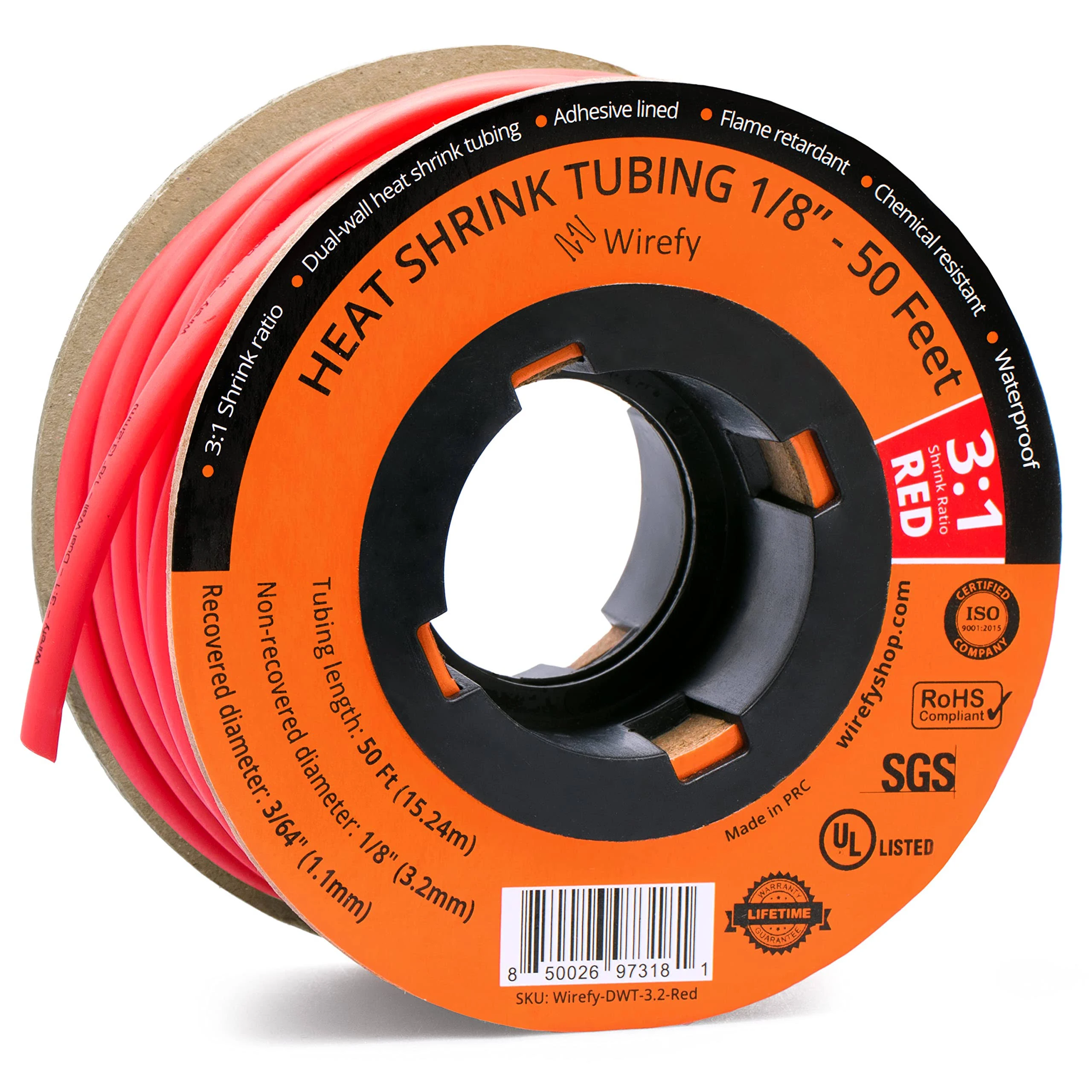 Wirefy 1/8" Heat Shrink Tubing - 3:1 Ratio - Adhesive Lined - Marine Grade Heat Shrink - Red - 50 Feet Roll