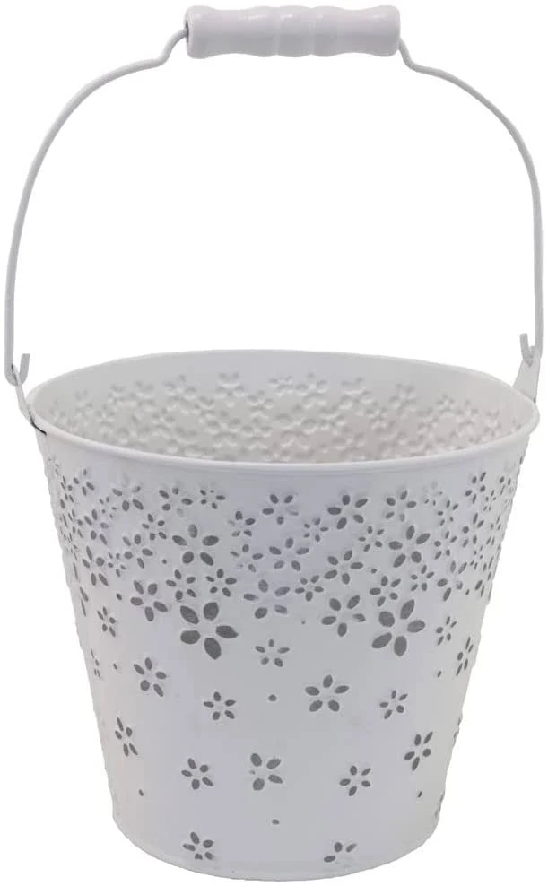 Boston International Spring & Easter Décor Metal Floral Accent Bucket/Pail with Handle, Medium, White