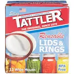 Authentic Tattler E-Z Seal Reusable Canning Lids - Wide Mouth - 1 Dozen (12) Plastic Lid/Rubber Ring