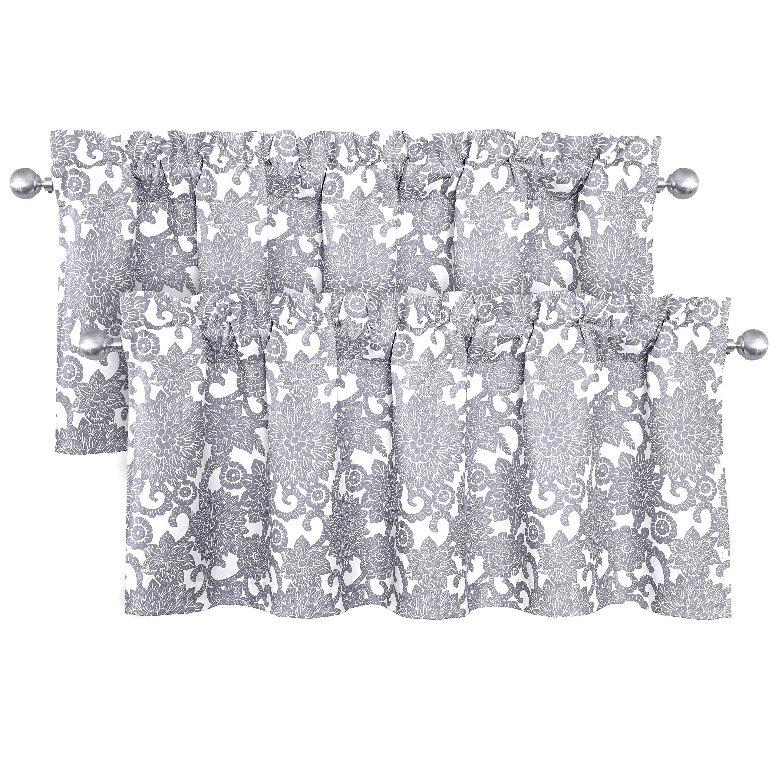 DriftAway Daisy Dahlia Blooming Flower Floral Lined Thermal Insulated Energy Saving Window Curtain Valance 2 Layers Rod Pocket 52 Inch by 18 Inch Plus 2 Inch Header Gray 2 Pack