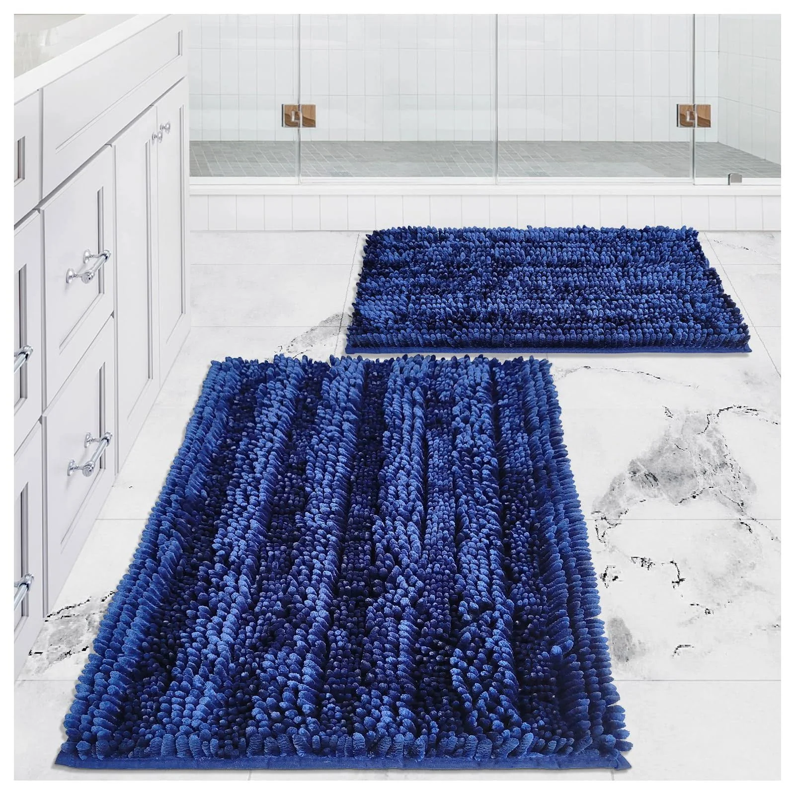 Civkor Bath Mats for Bathroom Navy Blue, Bathroom Rugs Set of 2 Pieces Shiny with ...