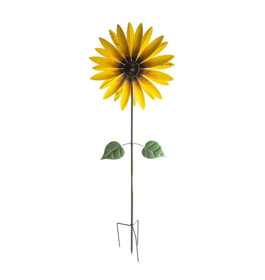 Plow & Hearth Solar Sunflower Wind Spinner, Integrated Solar Panel and LED Lights, Kinetic Sculpture Looks Great Day Or Night, Durable Metal Construction, 24¼" dia. x 10¼"D x 75" H