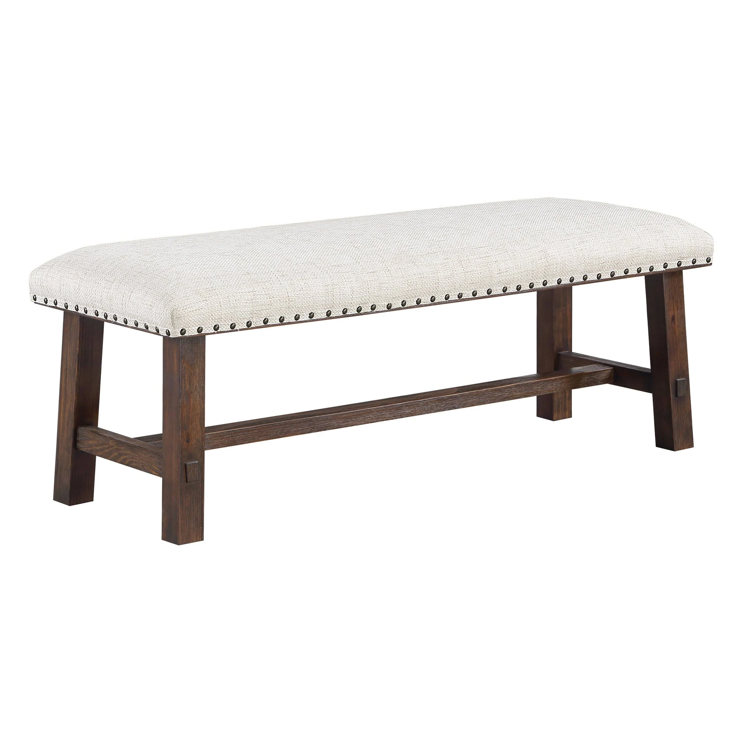 Callen Bench with Walnut Frame and Bronze Nailhead Trim in Linen White Fabric