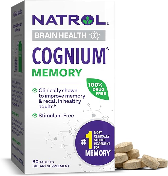 Natrol Cognium Memory, Brain Health Supplements for Adults, Dietary Supplement for Brain Health and Clinically Shown to Improve Memory and Recall in Healthy Adults, 60 Tablets, Up to a 30 Day Supply