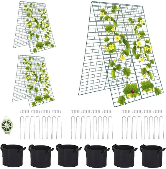 Foldable Cucumber Trellis 4 Pack, 46" L X 18" W A-Frame Garden Trellis, Steel Climbing Plants Support Raised Bed Trellis with Twist Ties & Plant Bags for Climbing Plants Outdoor