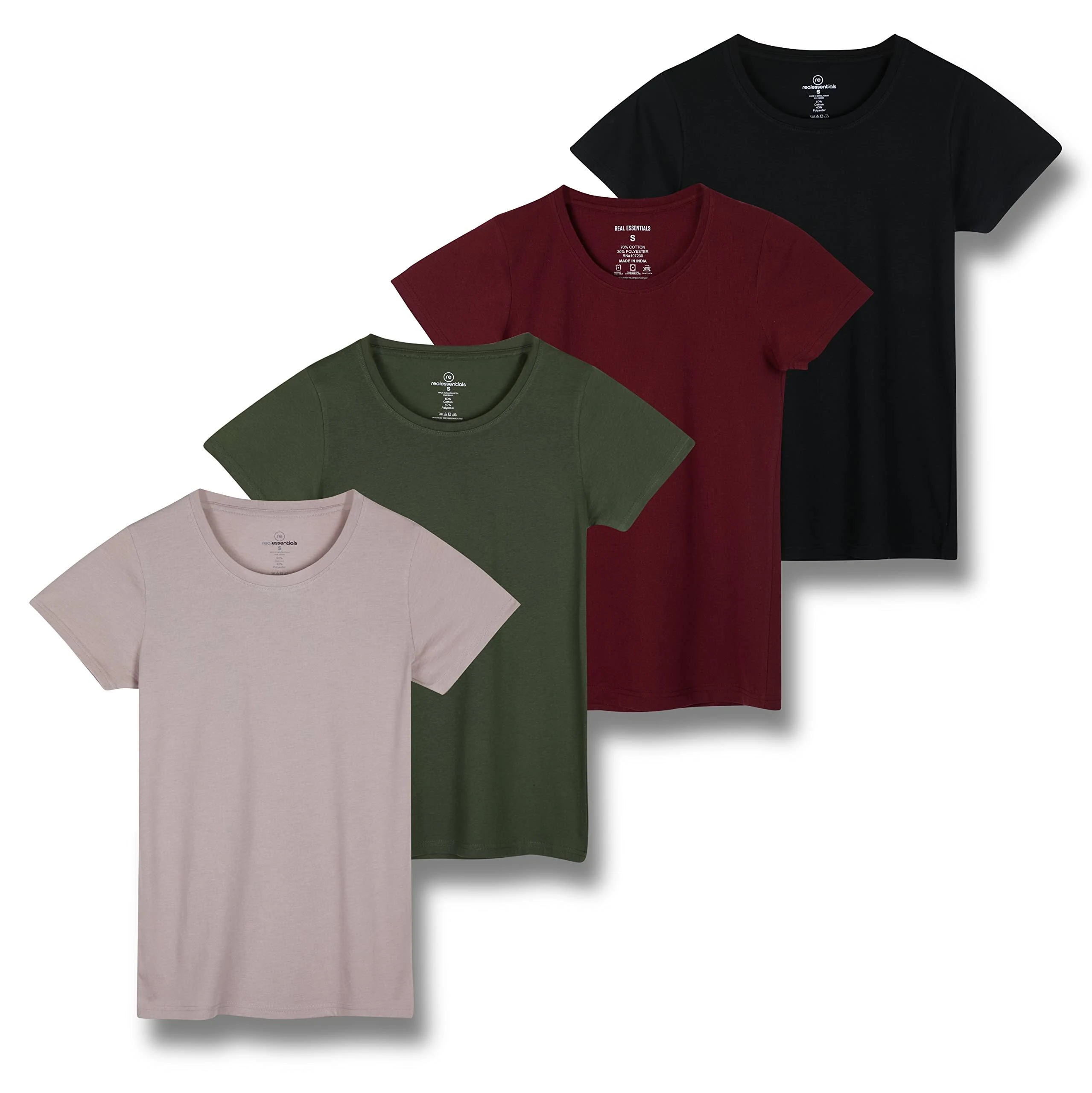 Real Essentials 4 Pack: Women's Classic-Fit Cotton Short-Sleeve Scoop Crew Neck T-Shirt (Available in Plus Size)