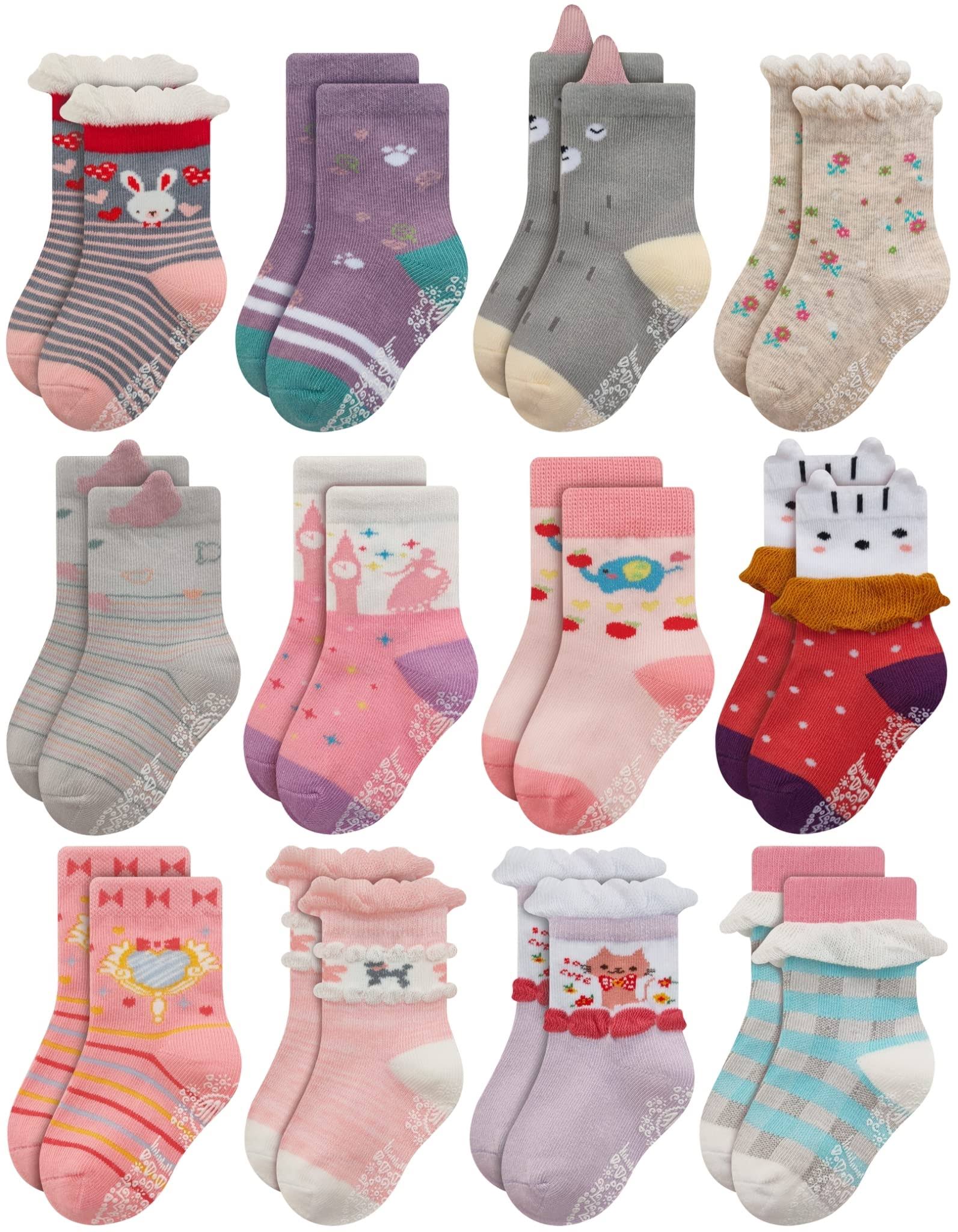 RATIVE Non Skid Anti Slip Cotton Dress Crew Socks With Grips For Baby Infant Toddler Kids Girls