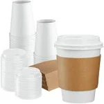 GUSTO [50 Sets - 12 oz. Disposable White Coffee Cups with White Lids, Sleeves - To Go Paper Hot Cups