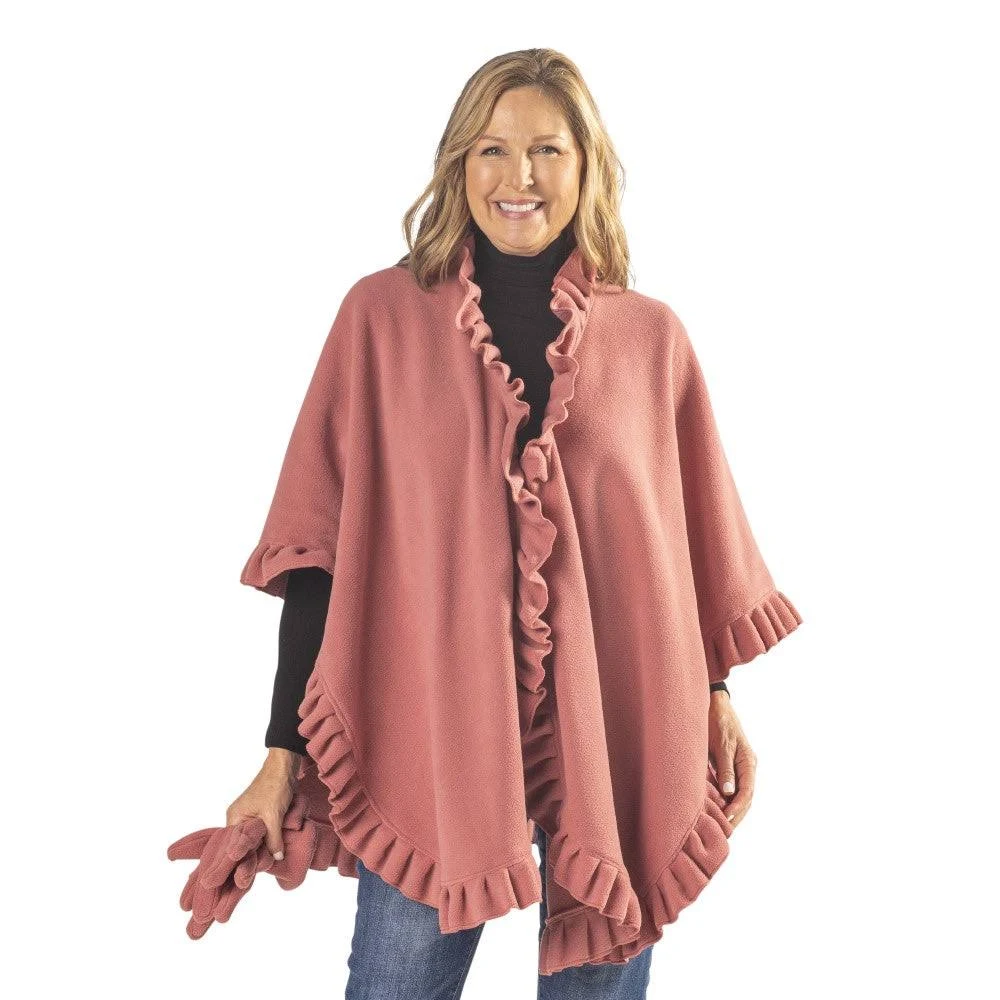 Women's Le Moda Ruffled Knit Fleece Wrap with Matching Gloves