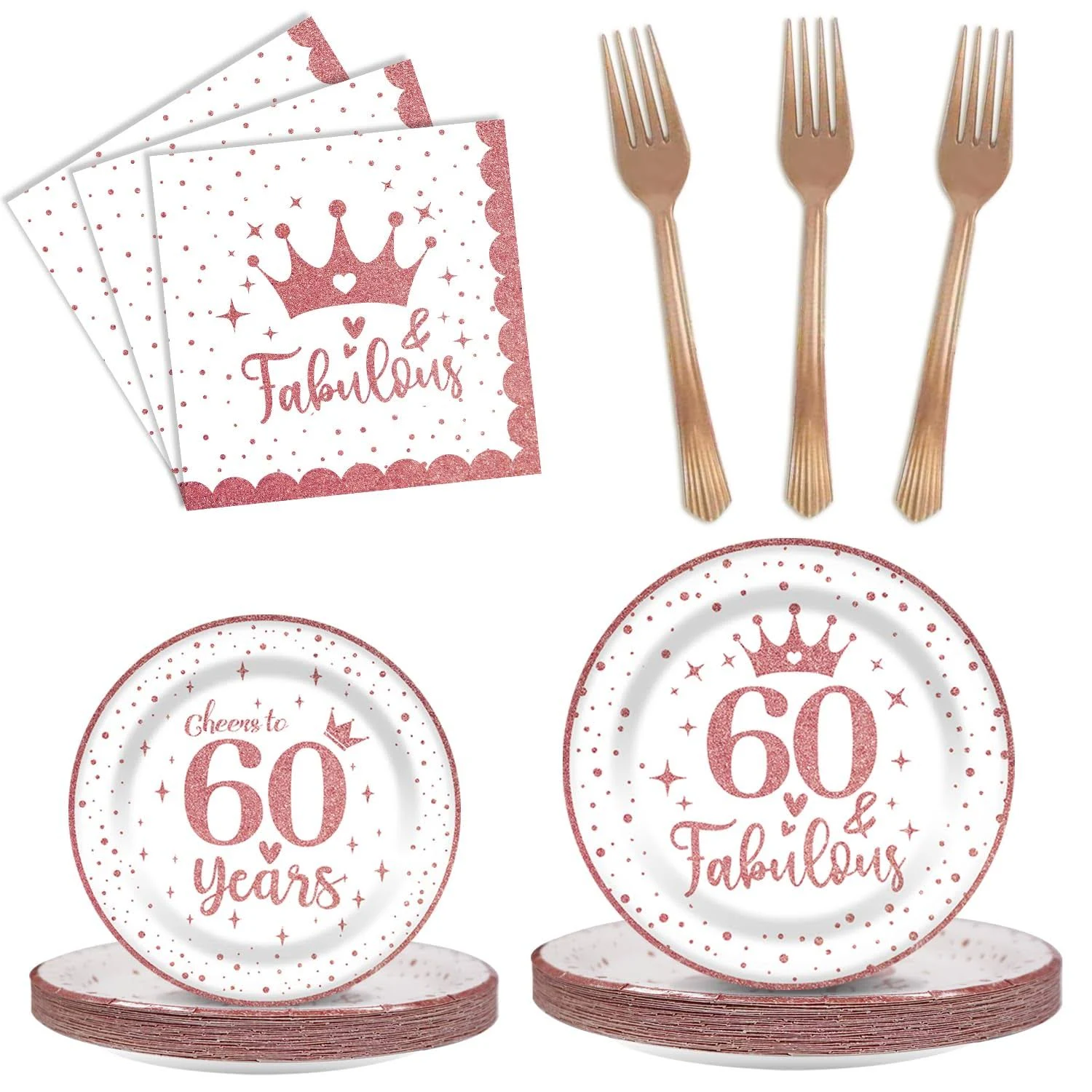 60th Birthday Tableware for Women - 96Pcs 60th Birthday Plates and Napkins | Rose Gold Party Supplies 60th Fabulous Happy Birthday Tableware Set | Cheers to 60 Years Party Decorations Serves 24 Guests