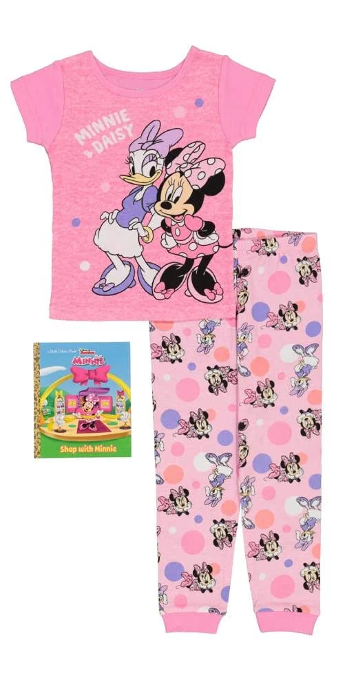 Disney Girls' Frozen | Minnie Mouse 2-Piece Snug-Fit Cotton Pajamas Set with Book