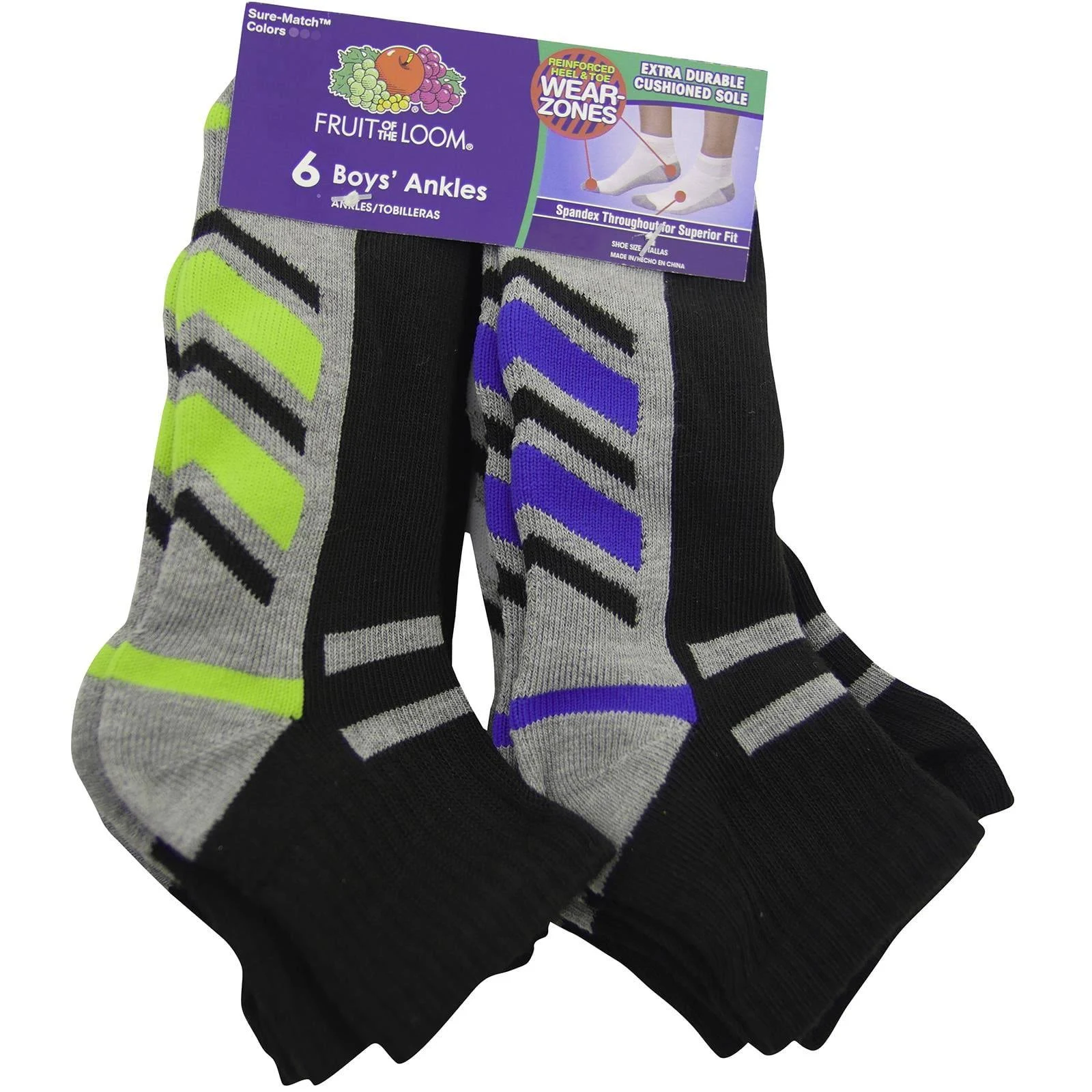 Fruit Of The Loom Boys Ankles Cushioned Socks Arch Support Black Assort 6 Pairs 