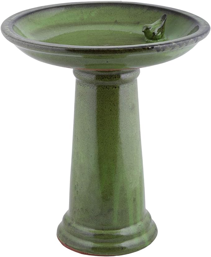 Esschert Design FB424 Bath on Pedestal with Bird, Ceramic, Green