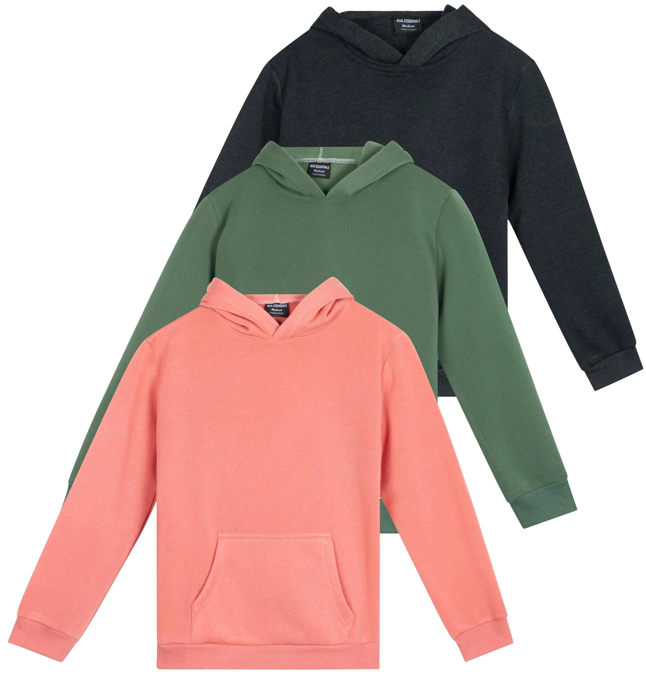 Real Essentials 3 Pack: Girls' Soft Brushed Fleece Pullover Hoodie Sweatshirt with Kangaroo Pocket (Ages 7-16)