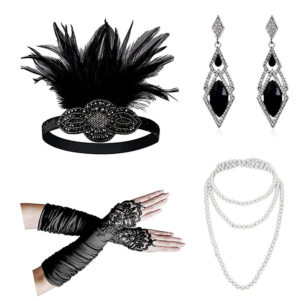 Cizoe 1920s Gatsby Accessories Set for Women Flapper Headband 20s Headpiece Necklace Gloves(1111da)