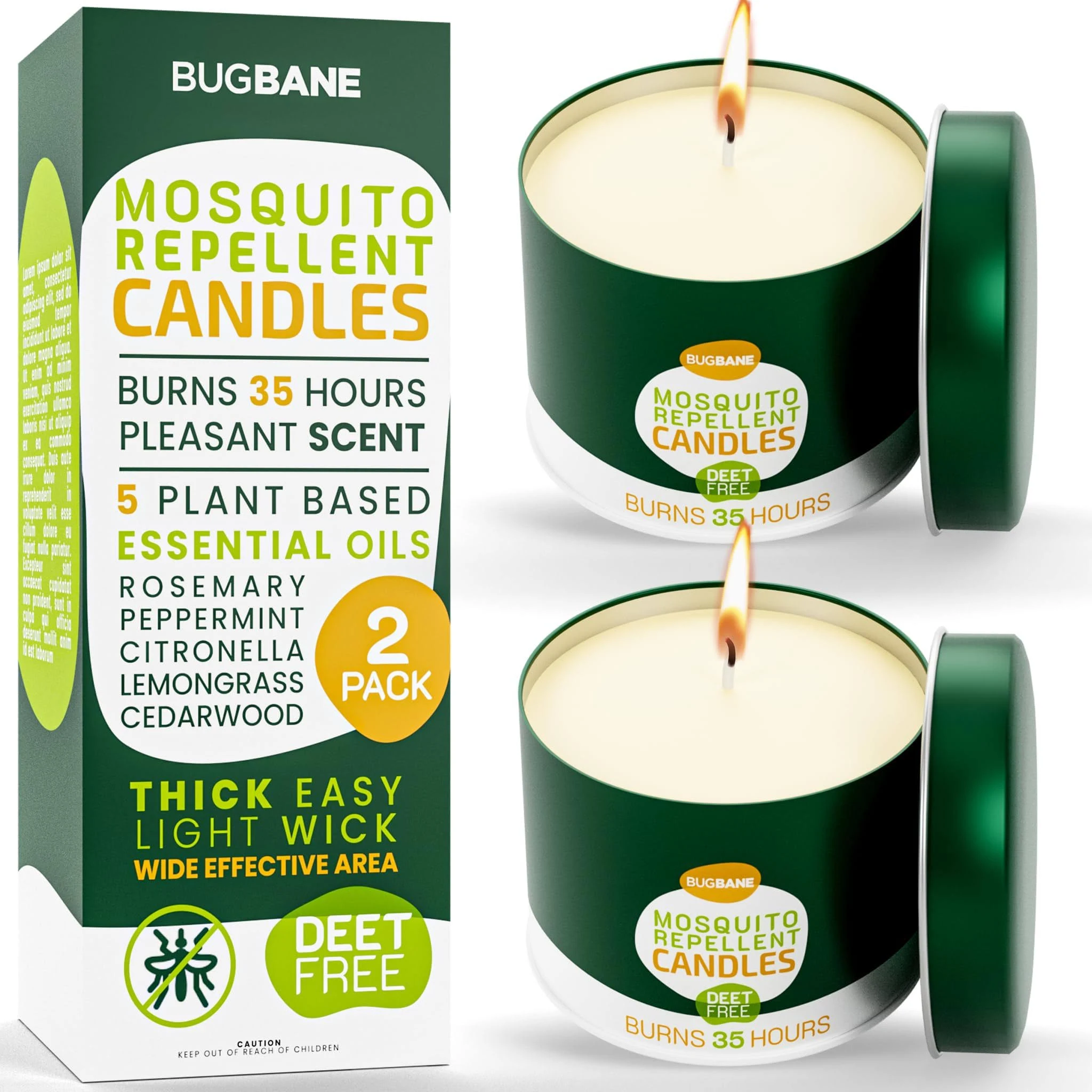 Mosquito Candle Outdoor 2 Pack with 5 Natural Essential Oils. Deet Free Citronella Candles Outdoor Mosquito Repellent Outdoor Patio. Mosquito