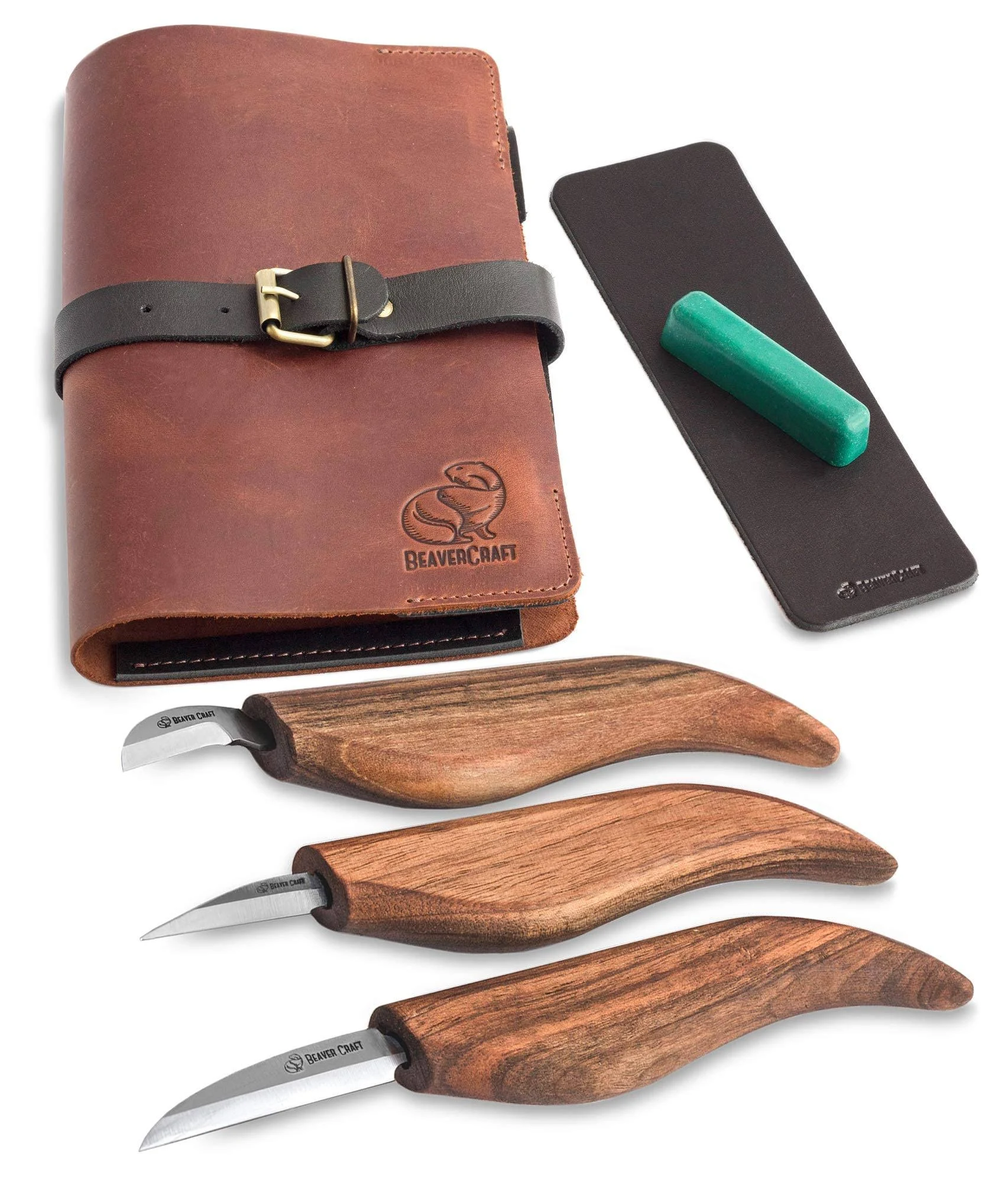 BeaverCraft Deluxe S15X Wood Carving Whittling Knives Set with Leather Case - Whittling Kit Premium Wood Carving Tools with Leather Strop and Polishi