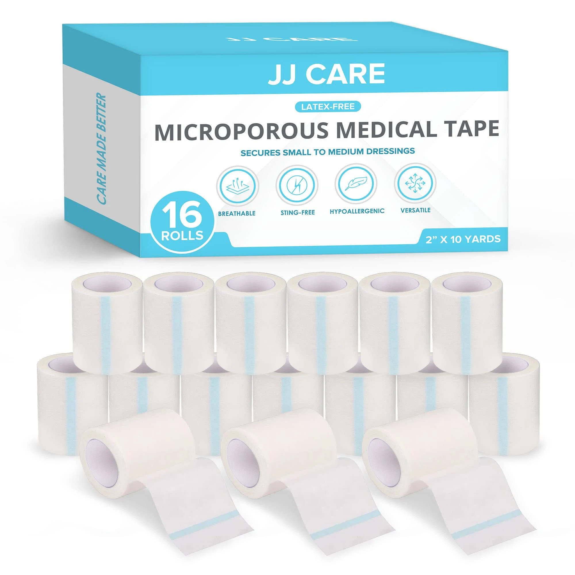 JJ Care Microporous Tape [Pack of 16], 2” x 10 Yards, Breathable Paper Tape ...