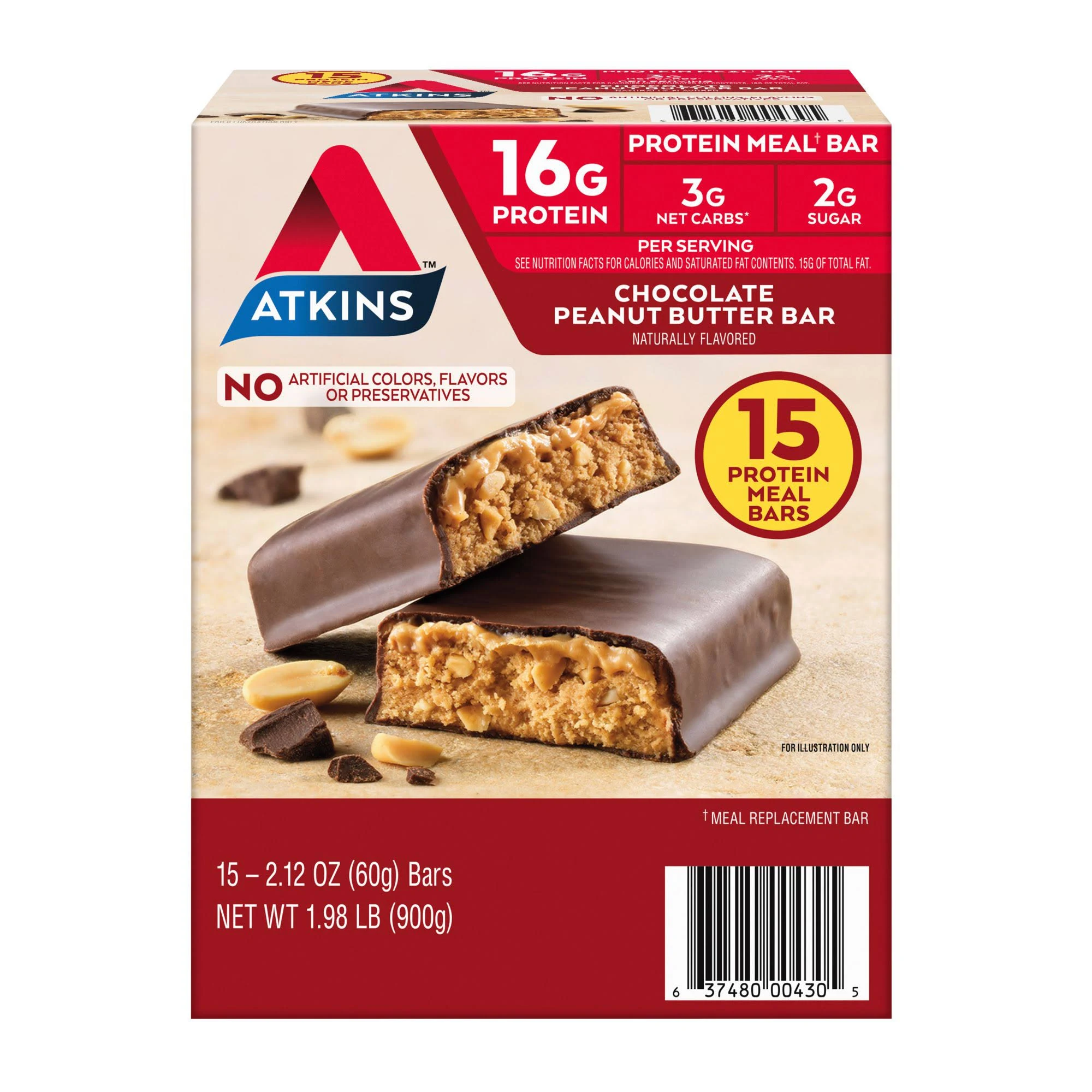 Atkins Chocolate Peanut Butter Protein Meal Bars, 15 Count