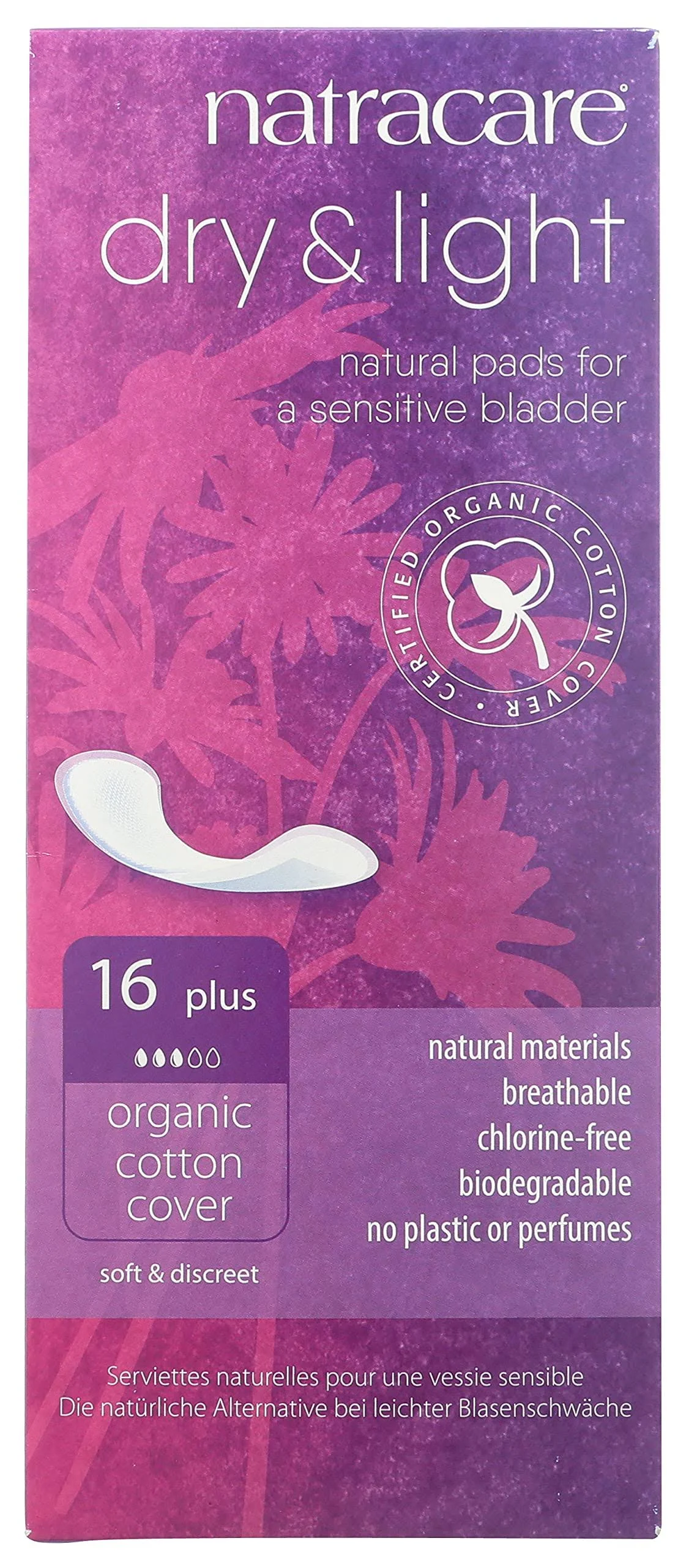 Natracare Dry & Light, Plus, Natural and Absorbent Pads with Organic Cotton Cover for Light Urinary Incontinence (1 Pack, 16 Pads Total)